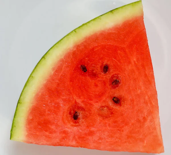 Red Watermelon Slice Green Peel Black Seeds White Background — Stock Photo, Image