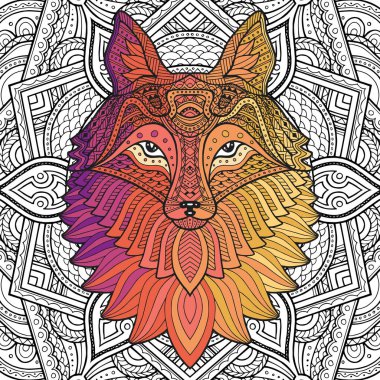 Yetişkinler için boyama kitabı veya tişört tasarımı için Fox zentangle veya Boho biçimi