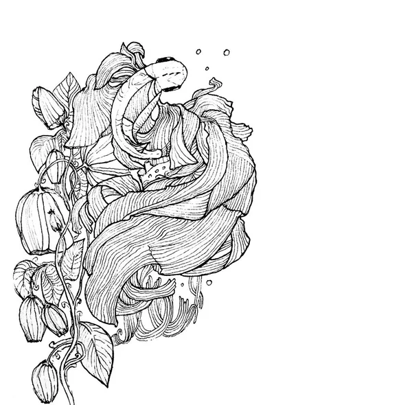 Mürekkep fantezi illüstrasyon altın balık ve beyaz arka plan üzerinde fantezi soyut plunts