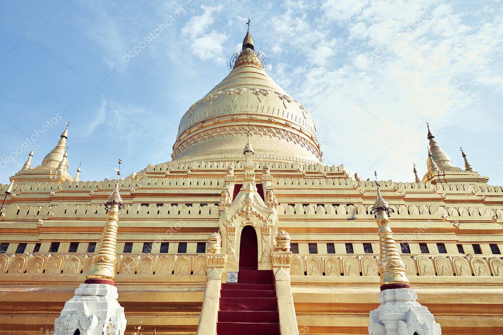 Shwezigon Pagoda in Bagan, Myanmar. February 2020