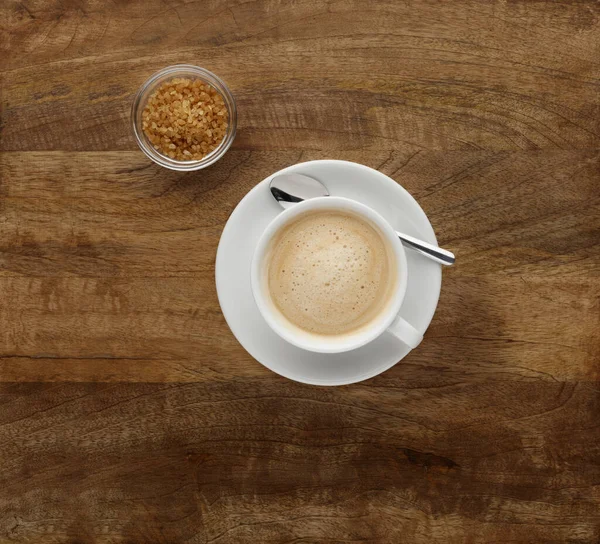 Café Capuchino Tirado Una Encimera Madera Con Azúcar Morena — Foto de Stock