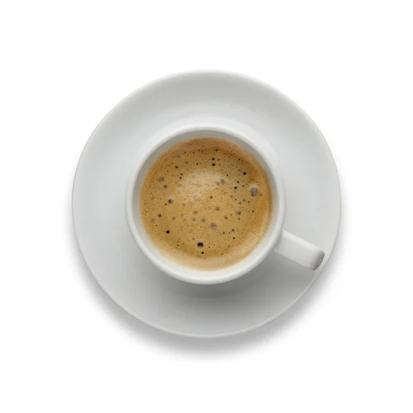一杯香浓的浓缩咖啡 放在茶托上 上方的白葡萄酒上喷出 有滴滴的阴影 — 图库照片