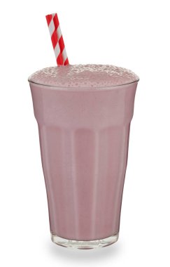 Bir bardak çilekli milkshake ve saman, gölgeli.