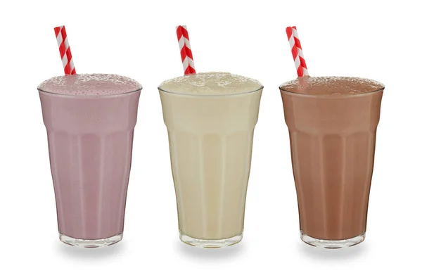 Çilekli, vanilyalı ve çikolatalı milkshake, beyaz.
