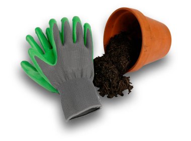 Bir çift bahçe eldiveni, bir saksı ve gübre, bir damla gölgesi olan izole bir görüntü..