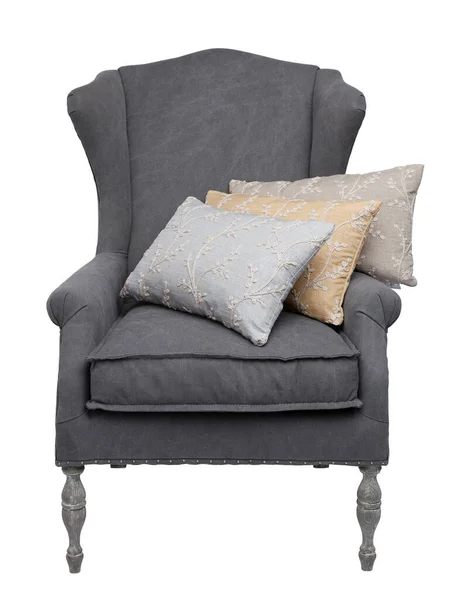 传统的灰色扶手椅 有3个花垫 白色背景隔离 — 图库照片