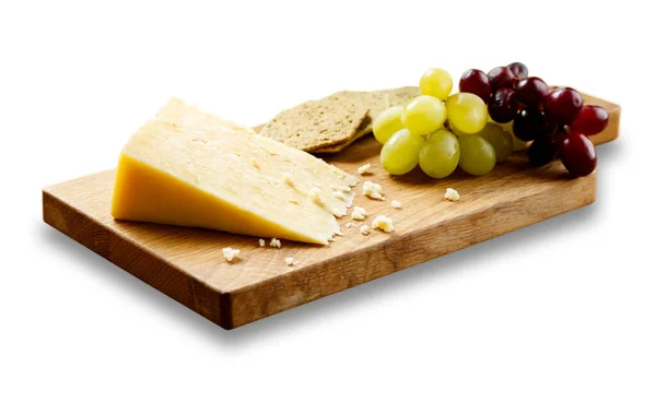 Isolated Image Cheese Crackers Grapes Wooden Board — Stock Photo, Image