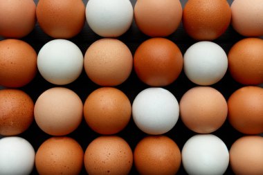 Çeşitli renklerde taze yumurtalar, yukarıdan tüm resmi dolduruyor.