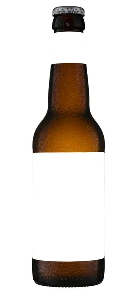 去掉装有空白白色标签的啤酒瓶的图像 并将其缩略 作为自己标签的空间 — 图库照片