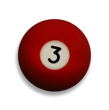 İzole edilmiş 3 numaralı kırmızı bilardo topu, beyaz arka planda gölge bırakıyor.