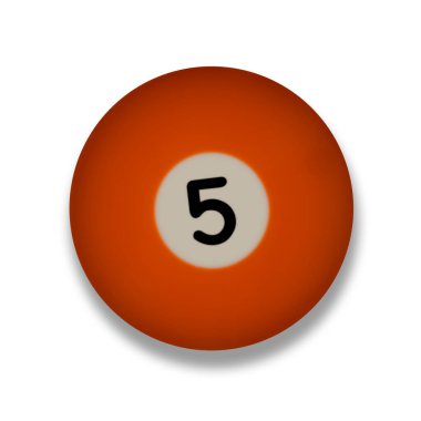 İzole edilmiş 5 numaralı turuncu bilardo topu, beyaz arka planda gölgesi var.