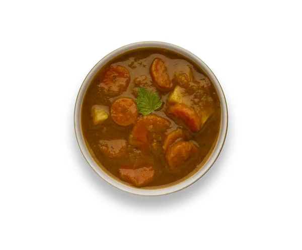 おいしい心のこもった冬の野菜スープのボウルの孤立したイメージ 素朴なボウルに ドロップシャドウと — ストック写真