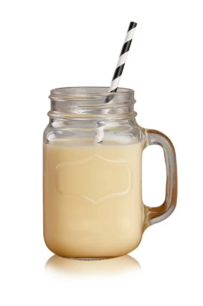 Milkshake Banane Individuel Dans Verre Mason Jar Avec Paille Papier — Photo