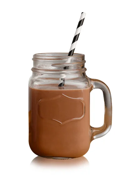 Sorvete Chocolate Individual Copo Mason Jar Com Palha Papel Isolado — Fotografia de Stock