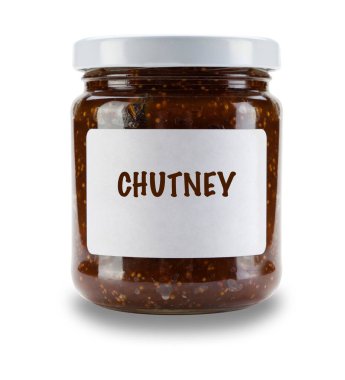 Beyaz etiketli SIngle kavanozu Chutney, beyaz arka planda bir damla gölgesi ile izole