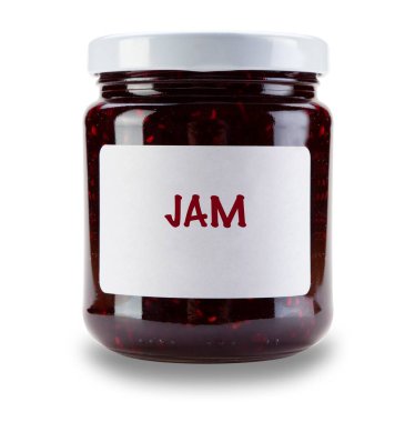 Jenerik reçel kavanozu, beyaz etiketli, beyaz arka planda izole edilmiş, damla gölgesi olan