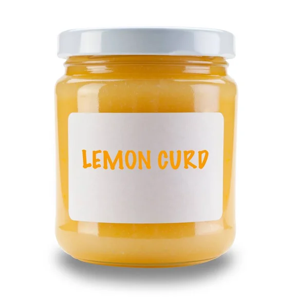 Limonlu limon kavanozu, beyaz etiketli, beyaz arka planda bir damla gölgesi ile izole edilmiş.