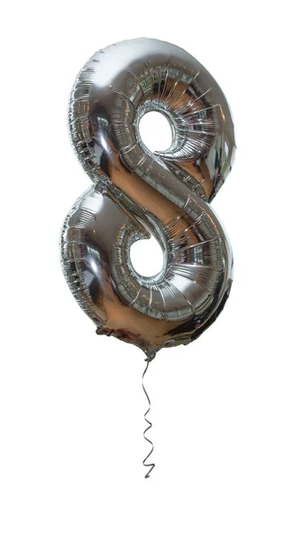 Silver Number Eight Party Balloon Isolated White Background Silver Ribon — Stock Photo, Image