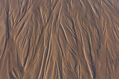 Islak kumlu bir plajdaki desenlere bakarak görüntüyü kapat. Dokuları, şekilleri ve üç numaralı dalgalanmaları göster.