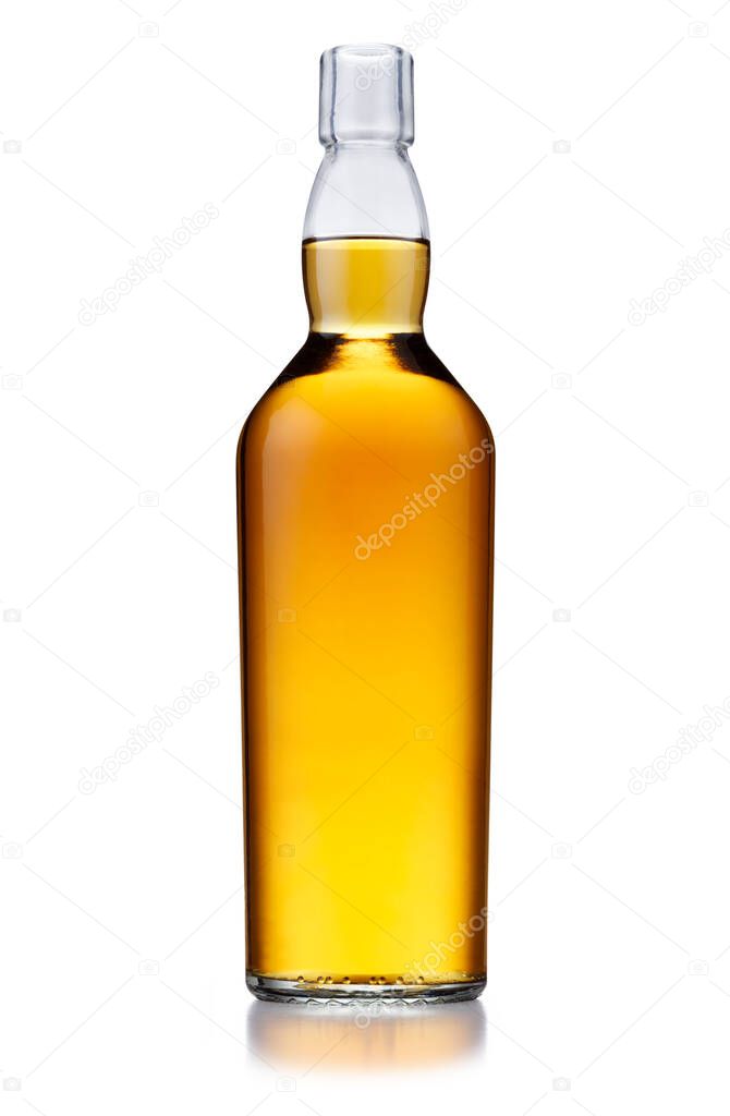 A tall bottle of golden whisky, with no label or branding, isolated on white with a slight reflection