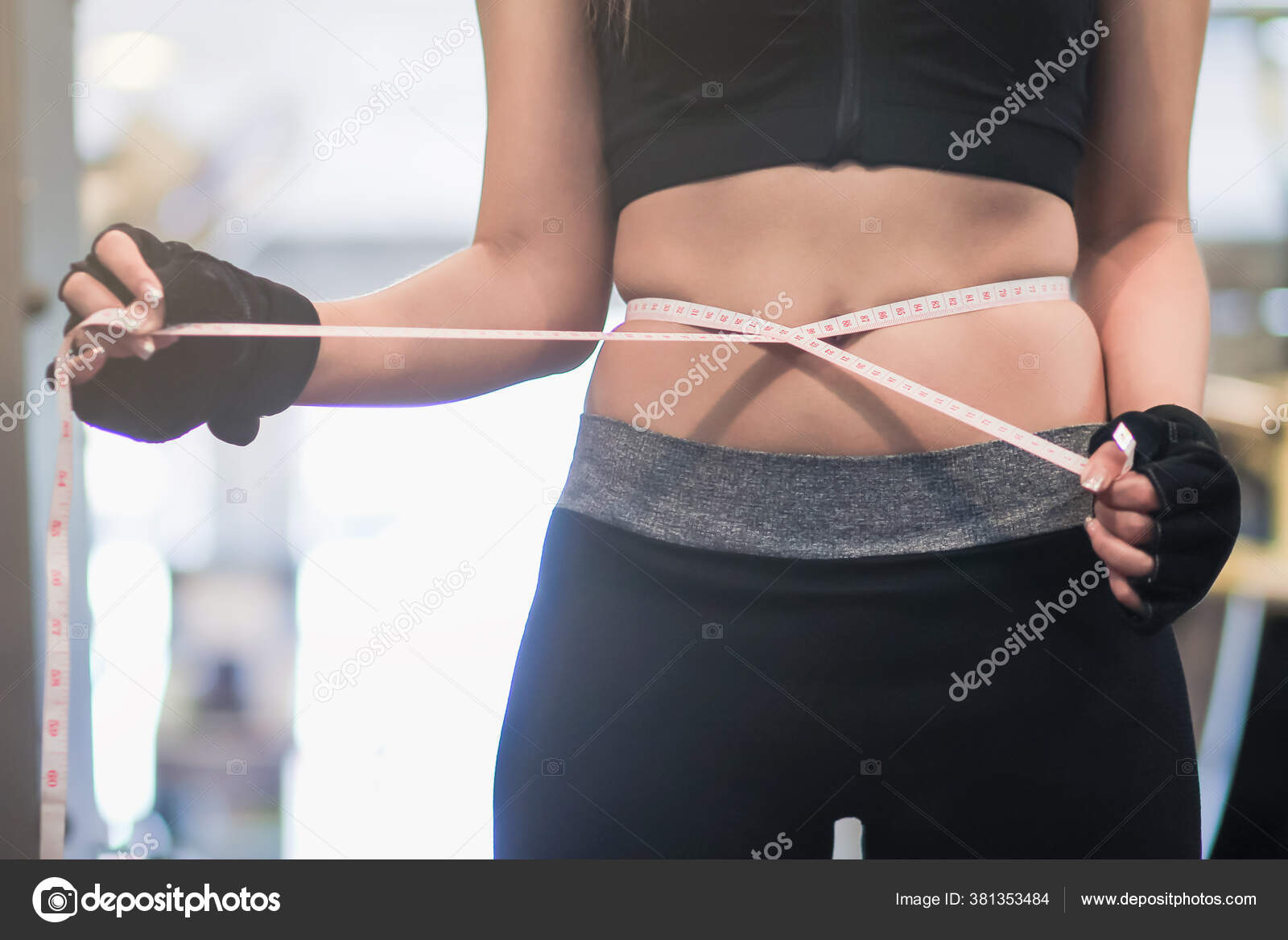 Beautiful Woman Waist Tape Measure She Using Her Hands Hold Stock Photo by  ©korawat 381353484