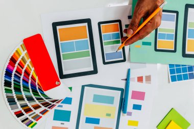 Bir tasarım ekibi ve web sitesi tasarımcıları akıllı telefon sistemiyle eşleşen bir web sitesi geliştirmek için işbirliği yapıyorlar. Uygulama geliştirme için Ux ui sistem öğrenme kavramları