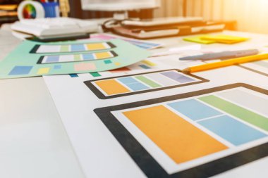 Bir tasarım ekibi ve web sitesi tasarımcıları akıllı telefon sistemiyle eşleşen bir web sitesi geliştirmek için işbirliği yapıyorlar. Uygulama geliştirme için Ux ui sistem öğrenme kavramları