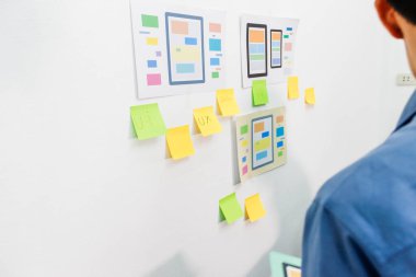 Web sitesi tasarımcılarından oluşan bir ekip, akıllı telefonun ön tarafındaki ux ui sistemi ile görüntüleme biçimini belirlemek için programlar yazıyorlar ve katman oluşturuyorlar..