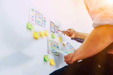 Web sitesi tasarımcılarından oluşan bir ekip, akıllı telefonun ön tarafındaki ux ui sistemi ile görüntüleme biçimini belirlemek için programlar yazıyorlar ve katman oluşturuyorlar..