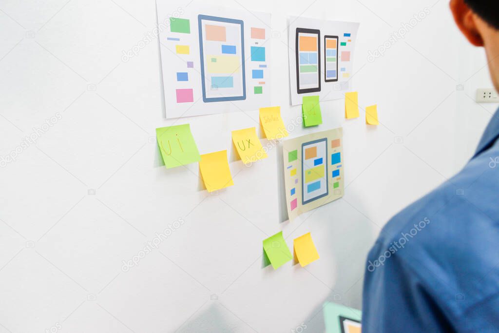 The team of website designers with the ux ui system are writing programs and laying the layer to determine the display style with the ux ui system within the front of the smartphone.