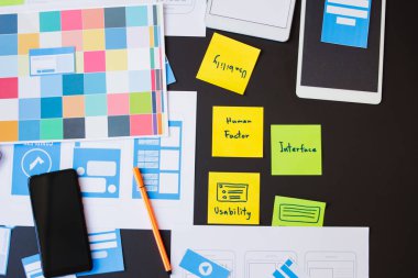 Bulanık resimler, bir grup web tasarımcısı UI / UX Front Designer Preview ile mobil yanıt veren bir web sitesi geliştirmek için birlikte çalışıyorlar. Web sitesi geliştirme konsepti UI / UX ön uç tasarımcısı.