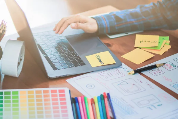 Bulanık resimler, bir grup web tasarımcısı UI / UX Front Designer Preview ile mobil yanıt veren bir web sitesi geliştirmek için birlikte çalışıyorlar. Web sitesi geliştirme konsepti UI / UX ön uç tasarımcısı.
