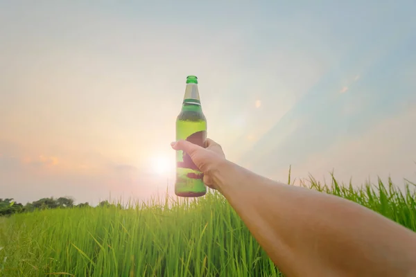 The young man holds a bottle of beer held in the evening sky on a beautiful Twilight light background above the green fields to congratulate the victory he has been drinking and celebrating beer alone.