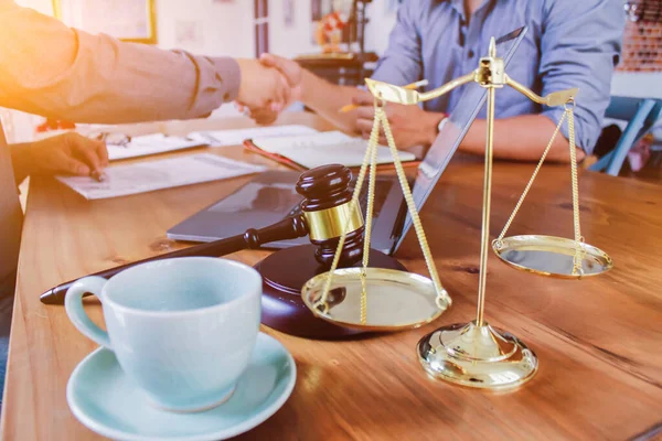 Brass Scales Placed Tables Lawyer Office Use Decorations Symbol Justice — Stock Photo, Image