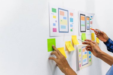 Web sitesi tasarımcılarından oluşan bir ekip, akıllı telefonun ön tarafındaki ux ui sistemi ile görüntüleme biçimini belirlemek için programlar yazıyorlar ve katman oluşturuyorlar..