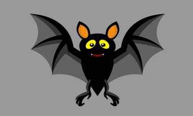 Çizgi film cadılar bayramı küçük şirin yarasa uçuşu. Uçabilen tek memeli. Gri renkli arka planda vektör çizimi..  