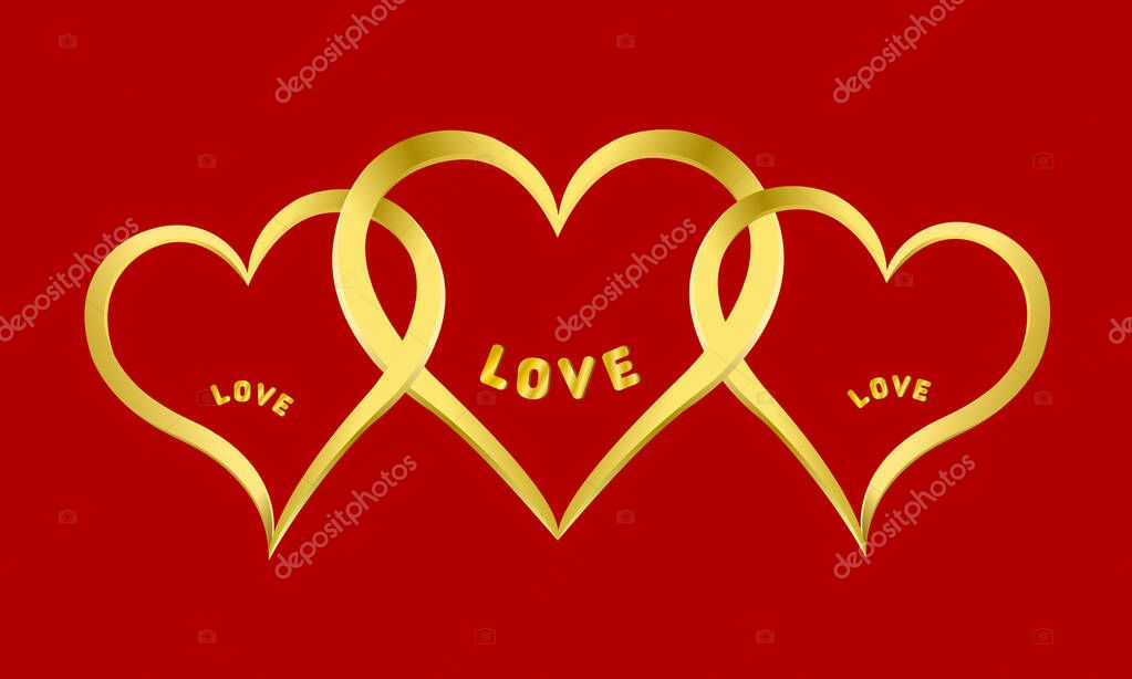 Three adjacent gold hearts. Creative love for logo design vector. Polyamory illustration.