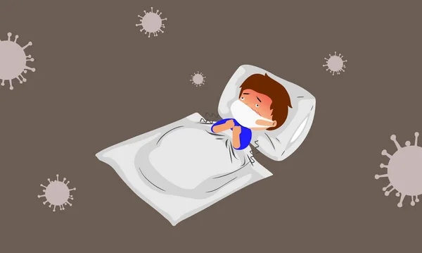 Hombre Duerme Con Almohadas Mantas Fiebre Alta Temperatura Personas Infectadas — Vector de stock