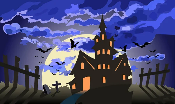 Gruselige Burg Halloween Mond Scheint Hell Schar Fliegender Fledermäuse Alter — Stockvektor