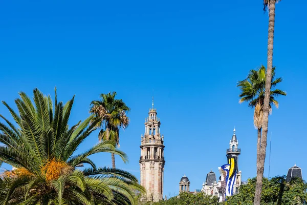 Torens Tussen Palmen Dicht Bij Zee Passeig Colom Barcelona Spanje — Stockfoto