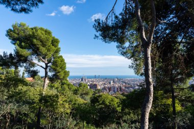 Parc Guell terasından Barcelona 'nın çatıları görünüyor. Barselona, İspanya.