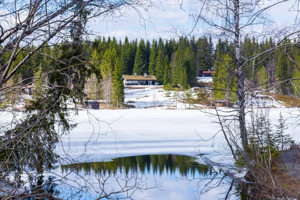 Kleine Huisjes Het Besneeuwde Bos Met Uitzicht Het Bevroren Meer — Stockfoto