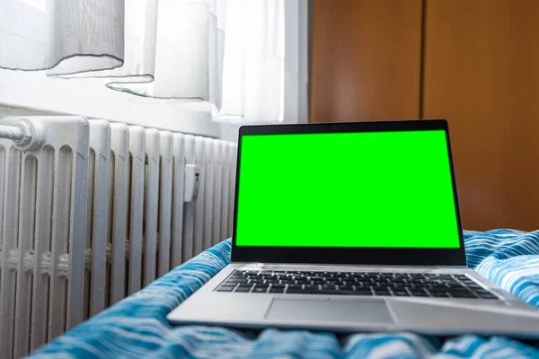 Laptop evde, yatak odasında çalışırdı. Laptopta yeşil ekran vardı. Odada bulanık duruyordu.