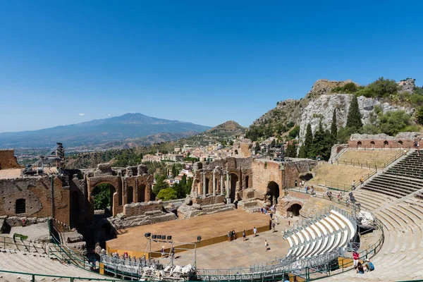 Théâtre Grec Taormine Avec Volcan Etna Arrière Plan Sicile Italie — Photo