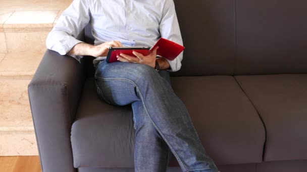 Homme Regarde Tablette Assise Sur Canapé — Video