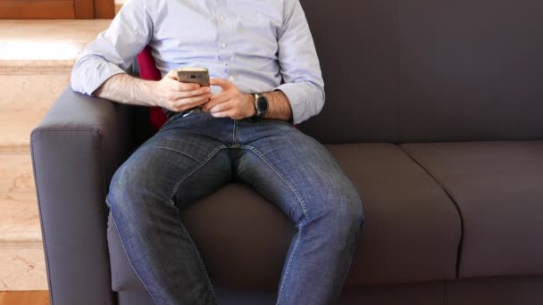 Muž Sedí Pohovce Doma Používá Svůj Smartphone Relaxační Boční Kopie — Stock video