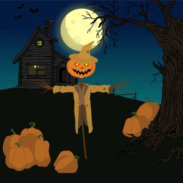 Scarecrow Pumpkin Hat Background Haunted House Full Moon Halloween Night — Stock Vector