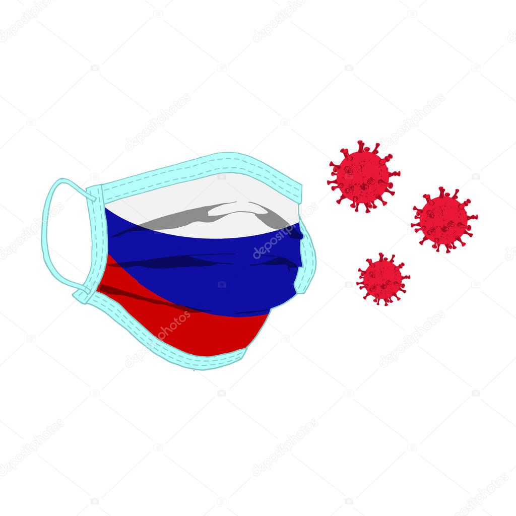 Vector illustration of a protective respiratory mask in the form of the flag of Russia, which is fighting against coronavirus. The concept of combating the attack of different viruses