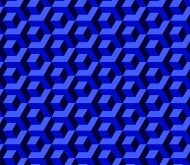 Soyut küp deseni, tamamen pürüzsüz. 3d koyu mavi vektör geometrik duvar kağıdı, küp desenli arka plan. Optik yanılsama