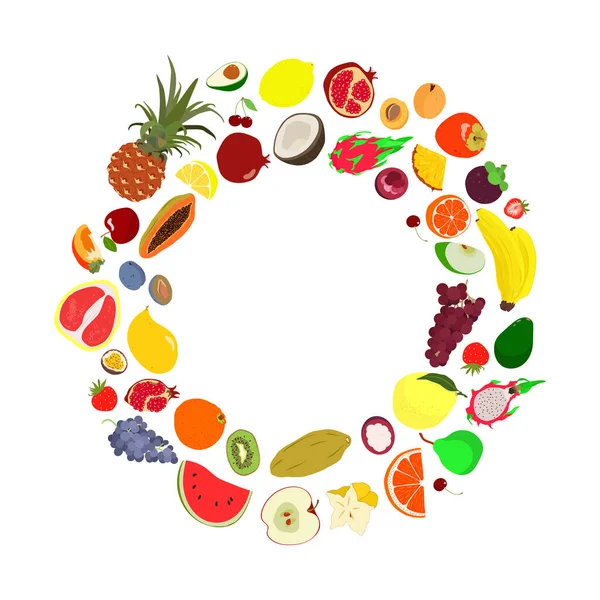 フラットスタイルのエキゾチックな果物で作られたフルーツベクトルサークル デザインメニュー レシピ ポスターのためのカラフルな果物のテンプレート — ストックベクタ